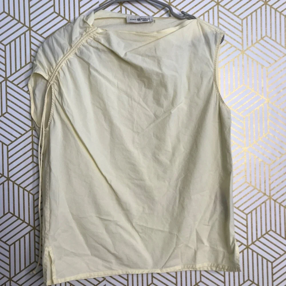Tory Burch Womens Sleeveless Cotton Tee Size 0 Light Yellow Ruched Shoulder